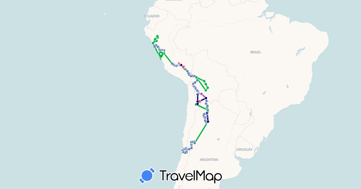 TravelMap itinerary: driving, bus, cycling, train, hiking in Argentina, Bolivia, Chile, Peru (South America)